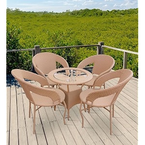 amazon brand - solimo hdpe rattan 4 seater patio seating set  outdoor furniture 4 chairs with 1 glass top table  coffee table set for balcony garden terrace indoor outdoor use light brown