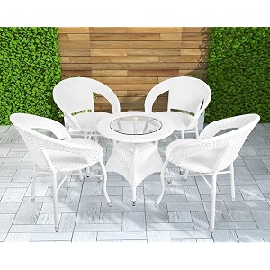amazon brand - solimo hdpe rattan 4 seater patio seating set  outdoor furniture 4 chairs with 1 glass top table  coffee table set for balcony garden terrace indoor outdoor use white