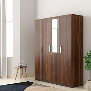 amazon brand - solimo julian engineered wood 4 door wardrobe with 1 drawer and mirror walnut finish