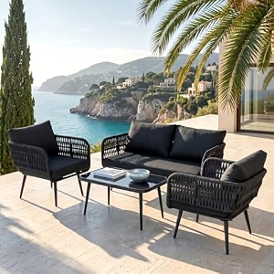 amazon brand - solimo kaya braid amp rope garden 4 seater sofa set with cushions and center table  patio conversation furniture  ideal for outdoor balcony living area 4 seater black