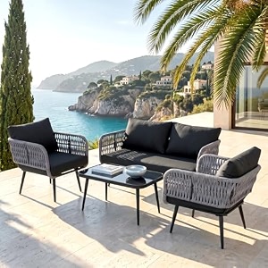 amazon brand - solimo kaya braid amp rope garden seater sofa set with cushions and center table  patio conversation furniture  ideal for outdoor balcony living area 4 seater black-grey