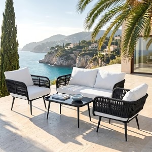 amazon brand - solimo kaya braid amp rope garden 4 seater sofa set with cushions and center table  patio conversation furniture  ideal for outdoor balcony living area 4 seater black-white