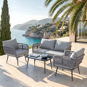 amazon brand - solimo kaya braid amp rope garden 4 seater sofa set with cushions and center table  patio conversation furniture  ideal for outdoor balcony living area 4 seater - grey