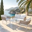 Amazon Brand - Solimo Kaya Braid &amp; Rope Garden 4 Seater Sofa Set with Cushions and Center Table | Patio Conversation Furniture | Ideal for Outdoor, Balcony, Living Area (4 Seater, Beige-White)