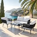 Amazon Brand - Solimo Kaya Braid &amp; Rope Garden 4 Seater Sofa Set with Cushions and Center Table | Patio Conversation Furniture | Ideal for Outdoor, Balcony, Living Area (4 Seater, Black-White)