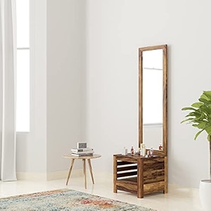amazon brand - solimo longmont dressing table with open shelf storage solid sheesham wood natural finish