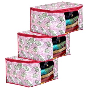 amazon brand - solimo metalic 3 pieces non woven underbed storage bag cloth organiser blanket cover with transparent window checkered-ivory