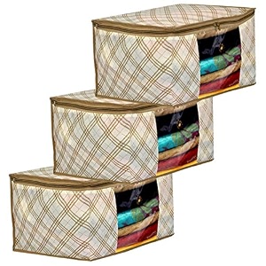 amazon brand - solimo metalic 3 pieces non woven underbed storage bag cloth organiser blanket cover with transparent window checkered-ivory