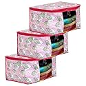Amazon Brand - Solimo Metalic 3 Pieces Non Woven Underbed Storage Bag, Cloth Organiser, Blanket Cover With Transparent Window, Checkered-Ivory