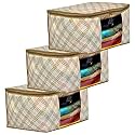 Amazon Brand - Solimo Metalic 3 Pieces Non Woven Underbed Storage Bag, Cloth Organiser, Blanket Cover With Transparent Window, Checkered-Ivory