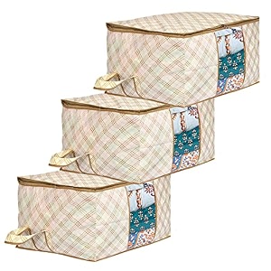 amazon brand - solimo metalic 3 pieces non woven underbed storage bag cloth organiser blanket cover with transparent window checkered-ivory