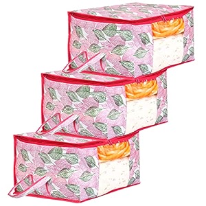 amazon brand - solimo metalic 3 pieces non woven underbed storage bag cloth organiser blanket cover with transparent window checkered-ivory