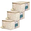 Amazon Brand - Solimo Metalic 3 Pieces Non Woven Underbed Storage Bag, Cloth Organiser, Blanket Cover With Transparent Window, Checkered-Ivory