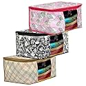Amazon Brand - Solimo Metalic 3 Pieces Non Woven Underbed Storage Bag, Cloth Organiser, Blanket Cover With Transparent Window, Checkered-Ivory