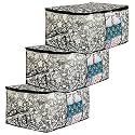 Amazon Brand - Solimo Metalic 3 Pieces Non Woven Underbed Storage Bag, Cloth Organiser, Blanket Cover With Transparent Window, Checkered-Ivory