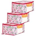 Amazon Brand - Solimo Metalic 3 Pieces Non Woven Underbed Storage Bag, Cloth Organiser, Blanket Cover With Transparent Window, Checkered-Ivory
