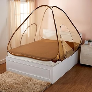 amazon brand - solimo mosquito net for double bed  premium king size foldable machardani  polyester 40 gsm heavy net with base cloth  plastic coated corrosion resistant wire - golden