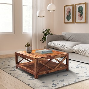amazon brand - solimo nyckel solid sheesham wood coffee table with bottom shelf natural finish