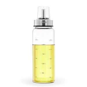 amazon brand - solimo oil pourer with leak-proof and spill-proof plastic closure and measurements microwave-safe freezer-safe and dishwasher-safe borosilicate glass 300 ml