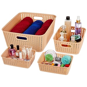 amazon brand - solimo plastic 4 piece storage basket set beige