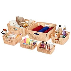 amazon brand - solimo plastic 6 piece storage basket set beige