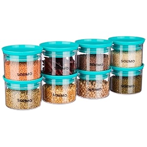 amazon brand - solimo plastic storage jar and container set i air tight amp bpa free containers for kitchen storage set i grocery kitchen container set i multipurpose jar 500 ml each set 8 blue