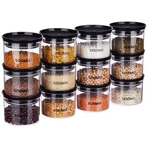 amazon brand - solimo plastic storage jar and container set i air tight amp bpa free containers for kitchen storage set i grocery kitchen container set i multipurpose jar 500 ml each set 12 black