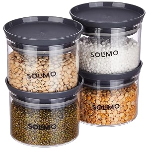 amazon brand - solimo plastic storage jar and container set i air tight amp bpa free containers for kitchen storage set i grocery kitchen container set i multipurpose jar 500 ml each set 4 grey