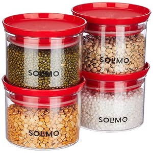 amazon brand - solimo plastic storage jar and container set i air tight amp bpa free containers for kitchen storage set i grocery kitchen container set i multipurpose jar 500 ml each set 4 red