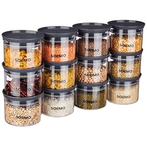 amazon solimo plastic storage jar and container set i air tight amp bpa free containers for kitchen storage set i grocery kitchen container set i multipurpose jar 500 ml each set 12 grey