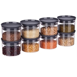 amazon brand - solimo plastic storage jar and container set i air tight amp bpa free containers for kitchen storage set i grocery kitchen container set i multipurpose jar 500 ml each set 8 grey