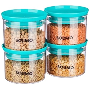 amazon brand - solimo plastic storage jar and container set i air tight amp bpa free containers for kitchen storage set i grocery kitchen container set i multipurpose jar 500 ml each set 4 blue