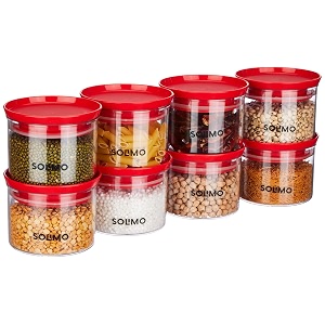 amazon brand - solimo plastic storage jar and container set i air tight amp bpa free containers for kitchen storage set i grocery kitchen container set i multipurpose jar 500 ml each set 8 red