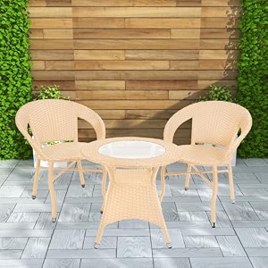 amazon brand - solimo rattan and wicker 2 seater patio seating set  2 chairs and 1 glass top table  ideal garden balcony furniture  comfortable durable indoor-outdoor coffee set cream