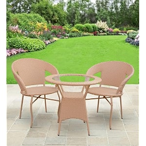 amazon brand - solimo rattan and wicker 2 seater patio seating set  2 chairs and 1 glass top table  ideal garden balcony furniture  durable comfortable indoor-outdoor coffee set light brown