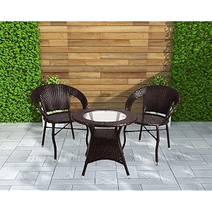 amazon brand - solimo rattan and wicker 2 seater patio seating set  2 chairs and 1 glass top table  ideal garden balcony furniture  comfortable durable indoor-outdoor coffee set dark brown