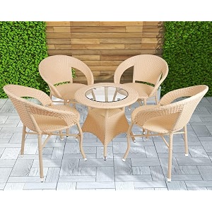 amazon brand - solimo rattan and wicker 4 seater patio seating set  outdoor furniture 4 chairs with 1 glass top table  coffee table set for balcony garden terrace indoor outdoor use cream