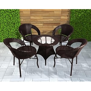 amazon brand - solimo rattan and wicker 4 seater patio seating set  outdoor furniture 4 chairs with 1 glass top table  coffee table set for balcony garden terrace indoor outdoor use brown