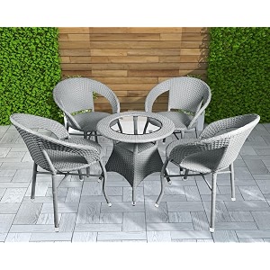 amazon brand - solimo rattan and wicker 4 seater patio seating set  outdoor furniture 4 chairs with 1 glass top table  coffee table set for balcony garden terrace indoor outdoor use grey