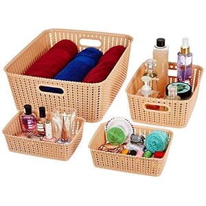 amazon brand - solimo royal multipurpose storage basket with lid- medium set of 3 brown rectangular rattan