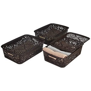 amazon brand - solimo royal multipurpose storage basket with lid- medium set of 3 brown rectangular rattan