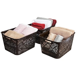 amazon brand - solimo plastic royal multipurpose storage basket - large set of 3brown rectangular
