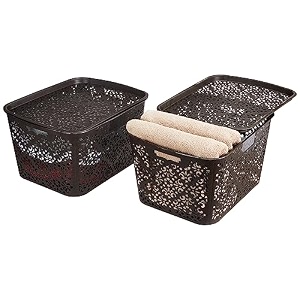 amazon brand - solimo royal multipurpose storage basket with lid- large set of 2 brown - fabric rectangular