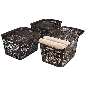 amazon brand - solimo royal multipurpose storage basket with lid- large set of 3 brown - fabric rectangular