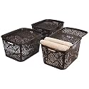 Amazon Brand - Solimo Royal Multipurpose Storage Basket With Lid- Large (Set Of 3, Brown) - Fabric, Rectangular