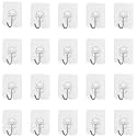 Amazon Brand - Solimo Plastic Rustproof, Waterproof, Oil-Proof, Strong&Versatile Adhesive Hooks - Pack of 20
