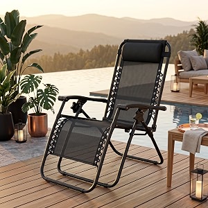 amazon brand - solimo solace outdoor adjustable zero gravity folding reclining lounge chair with pillow black  alloy steel