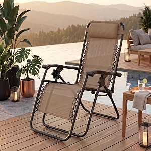 amazon brand - solimo solace outdoor adjustable zero gravity folding reclining lounge chair with pillow beige  alloy steel