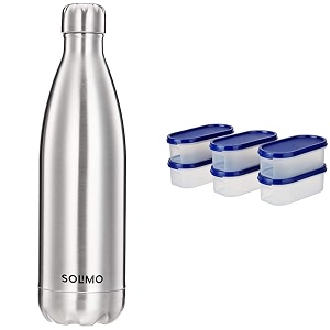 amazon brand - solimo stainless steel insulated bottle 24 hours hot or cold 1000 ml amp amazon brand - solimo modular plastic storage containers with lid set of 6 525ml