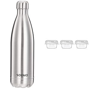 amazon brand - solimo stainless steel insulated bottle 24 hours hot or cold 1000 ml amp amazon brand - solimo airtight borosilicate glass container set 3 pieces 350ml